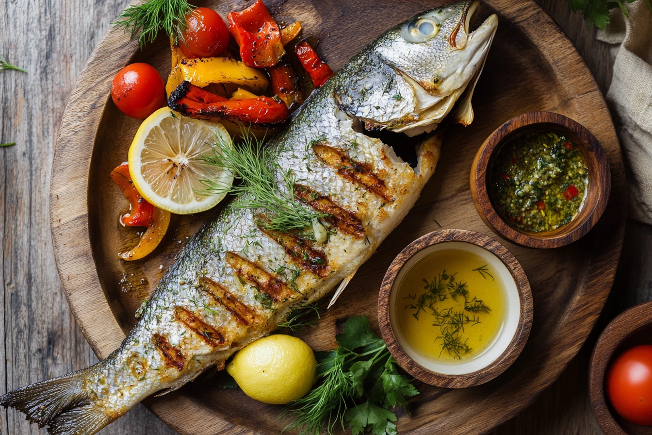 Pan-seared branzino garnished with fresh lemons and dill, served with roasted vegetables on a rustic wooden plate.