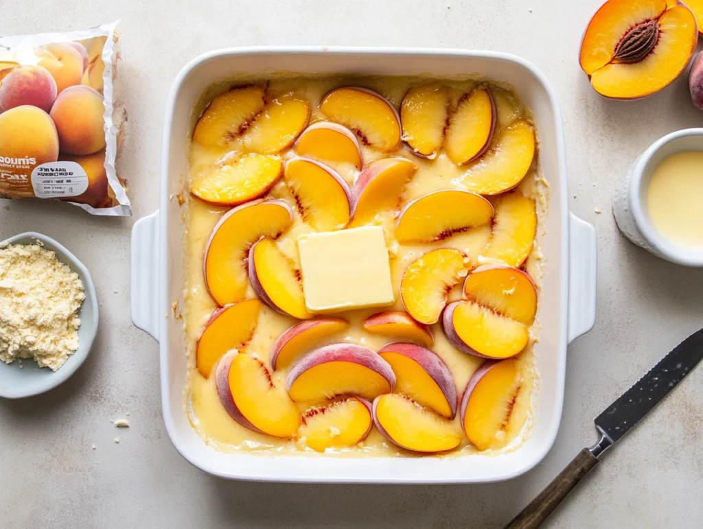 Baking dish with canned peaches, yellow cake mix, and butter slices, prepared for peach cobbler.