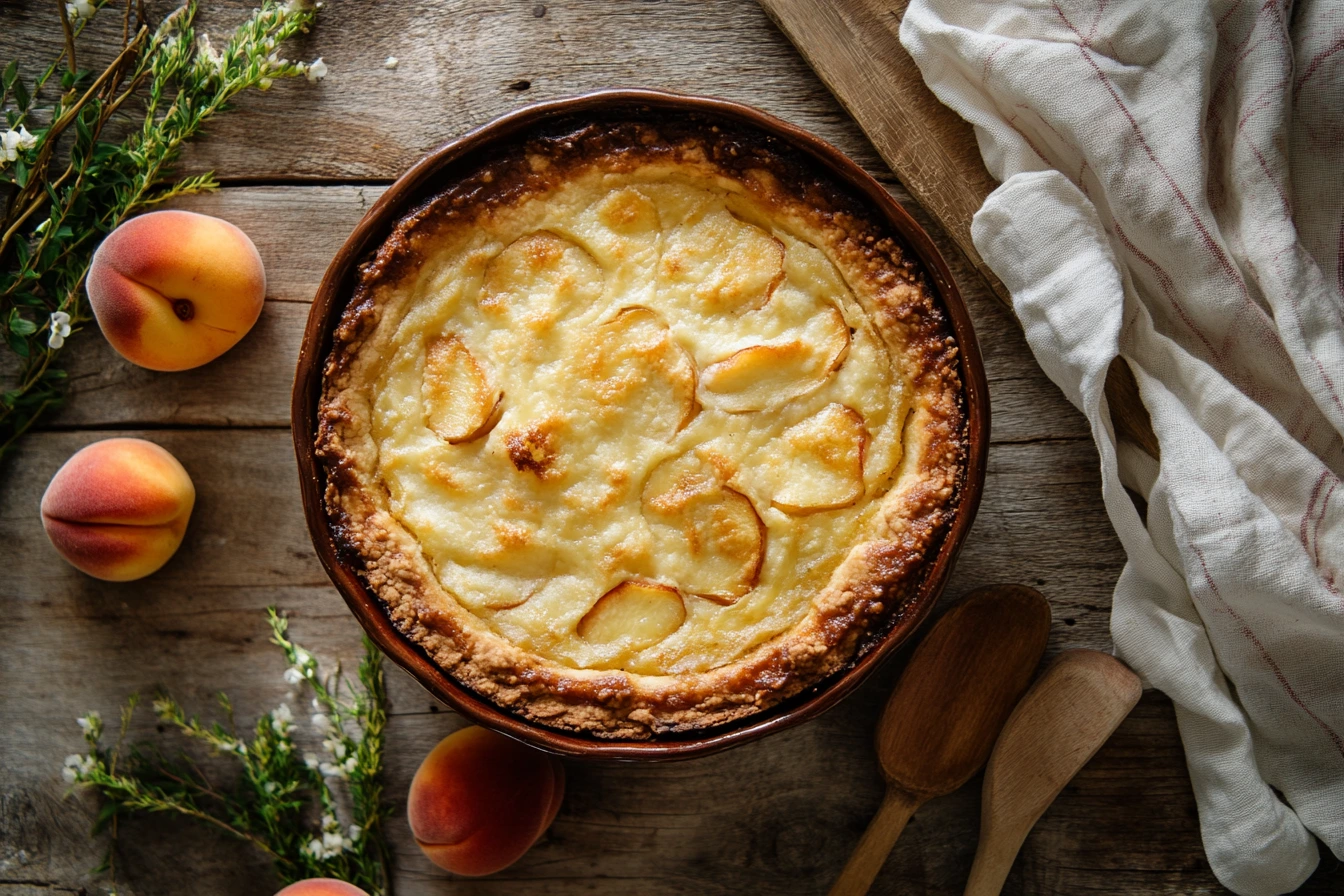 Golden-brown peach cobbler with cake mix in a ceramic baking dish, surrounded by fresh peaches on a rustic wooden surface.