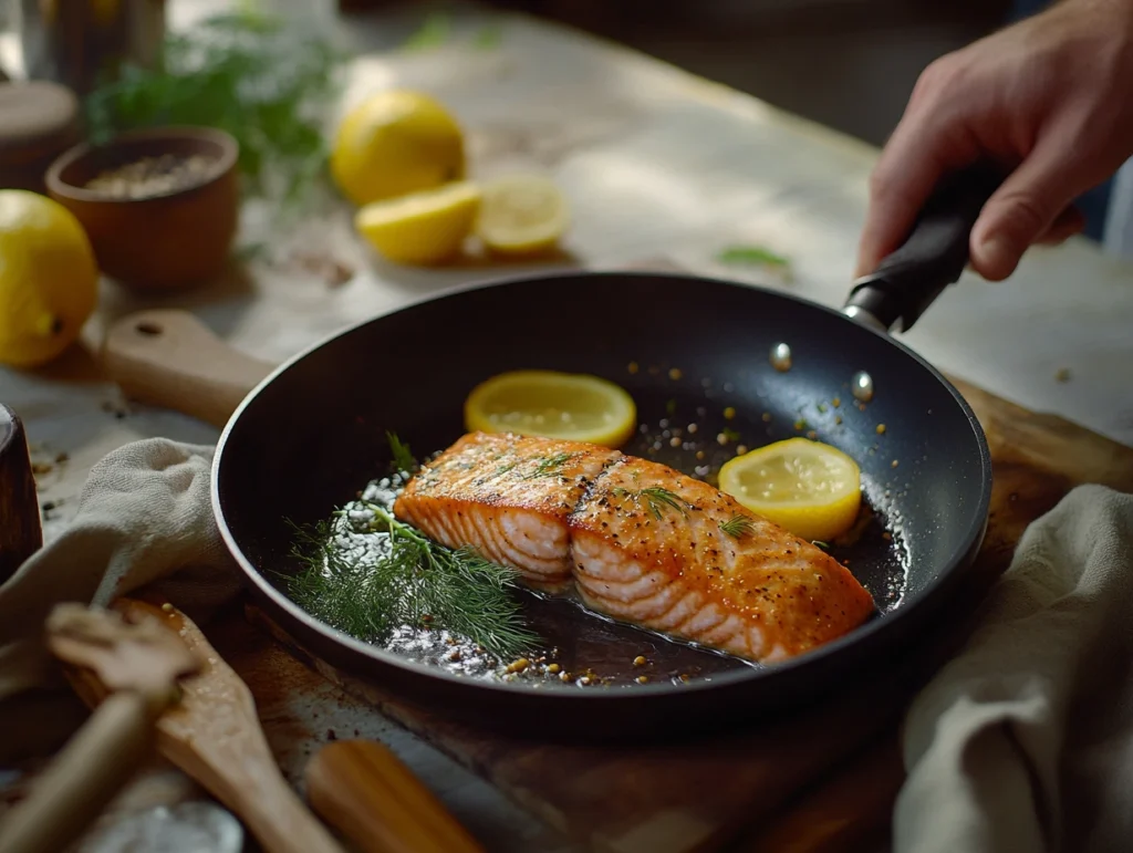 A chef cooking a golden-brown salmon fillet in a non-stick pan, garnished with dill and served with lemon slices.