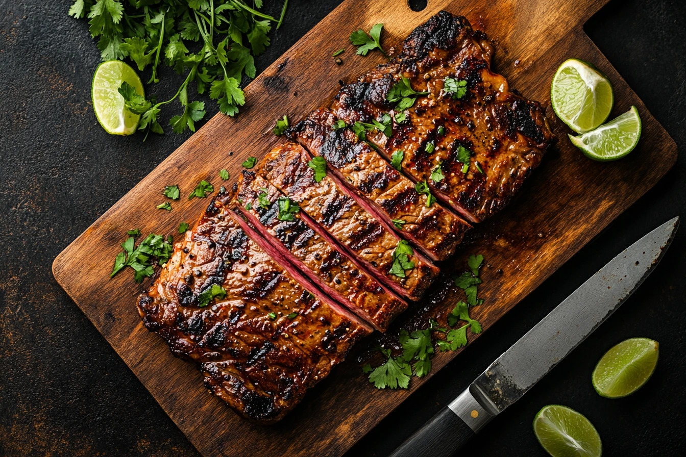 Juicy grilled skirt steak sliced against the grain with lime wedges and herbs on a wooden cutting board.