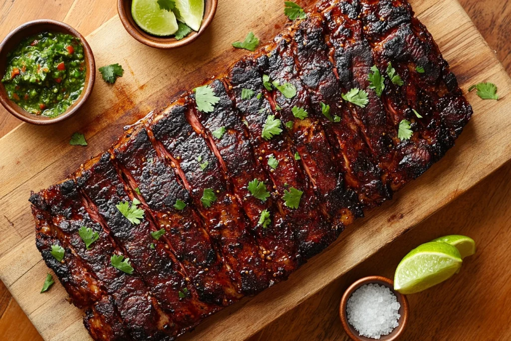 Close-up of sliced skirt steak on a rustic cutting board with chimichurri sauce, lime wedges, and parsley.