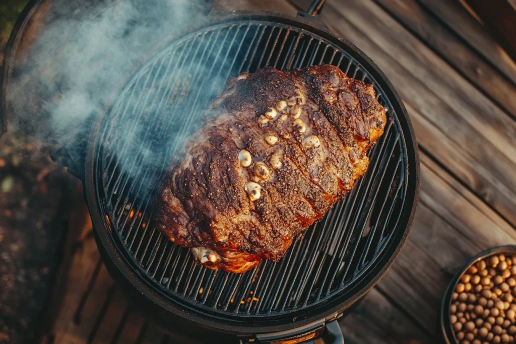 “Close-up of a pork shoulder coated in dry rub, smoking on a Traeger grill with pecan wood pellets nearby.”