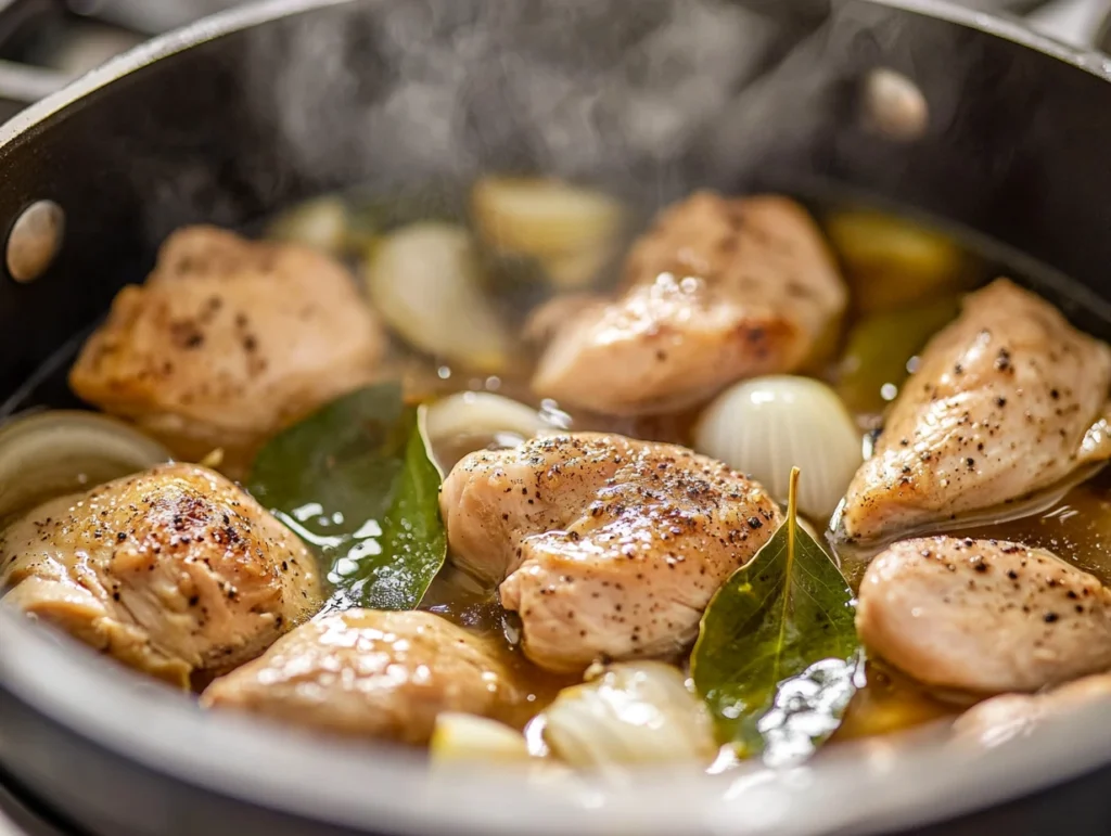  Chicken tenderloins poaching in a pot of broth with garlic, onions, and bay leaves, steam rising gently.