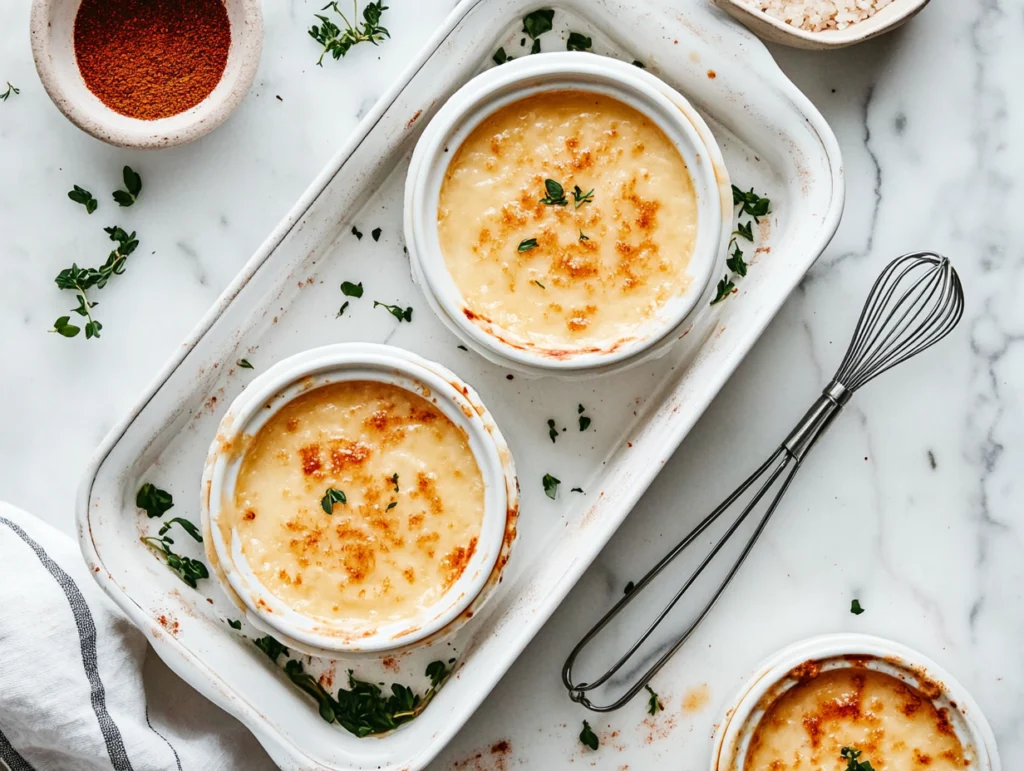 Ramekins filled with crab brûlée custard placed in a water bath on a baking tray, surrounded by fresh crab meat and cooking tools.