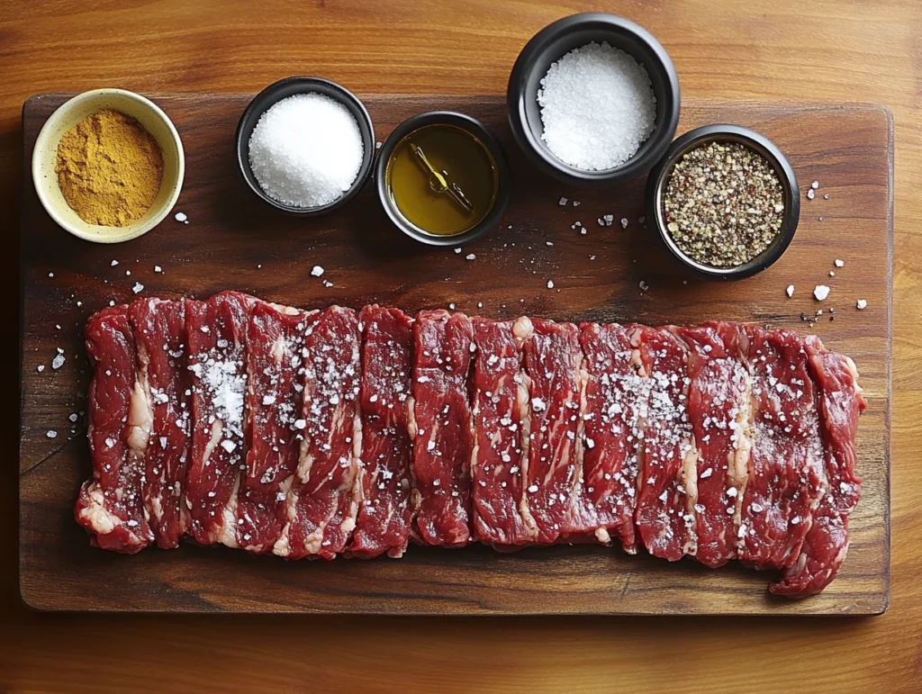 Raw skirt steak on a cutting board with seasonings and a meat thermometer, ready for preparation.