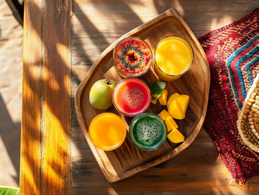 Fresh glasses of passionfruit, guava, and mango juices with sliced fruits on a wooden tray