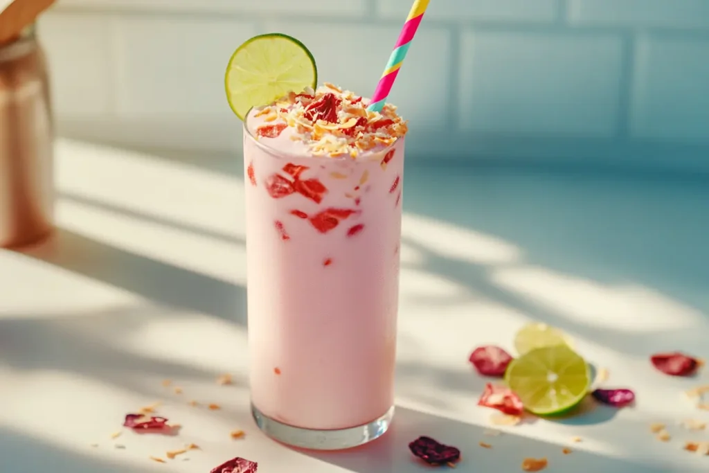 "Pink drink in a glass garnished with freeze-dried strawberries and coconut on a bright kitchen counter."