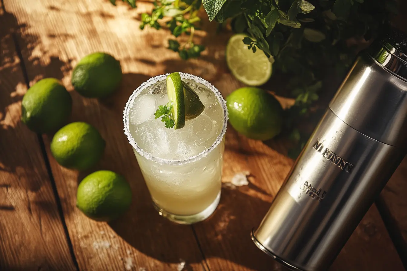 Skinny Margarita cocktail served in a glass with a salted rim, garnished with lime wedges, ice, and fresh lime juice.