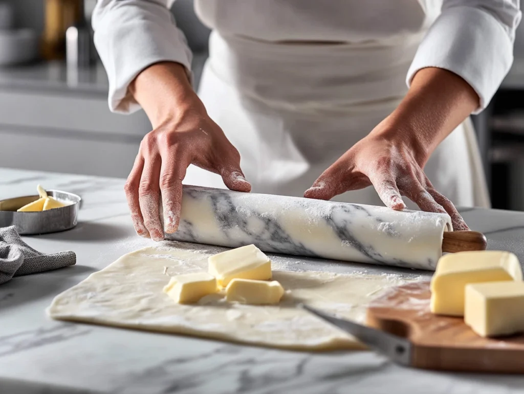 Hands rolling out puff pastry dough with a marble rolling pin on a floured surface, surrounded by baking tools