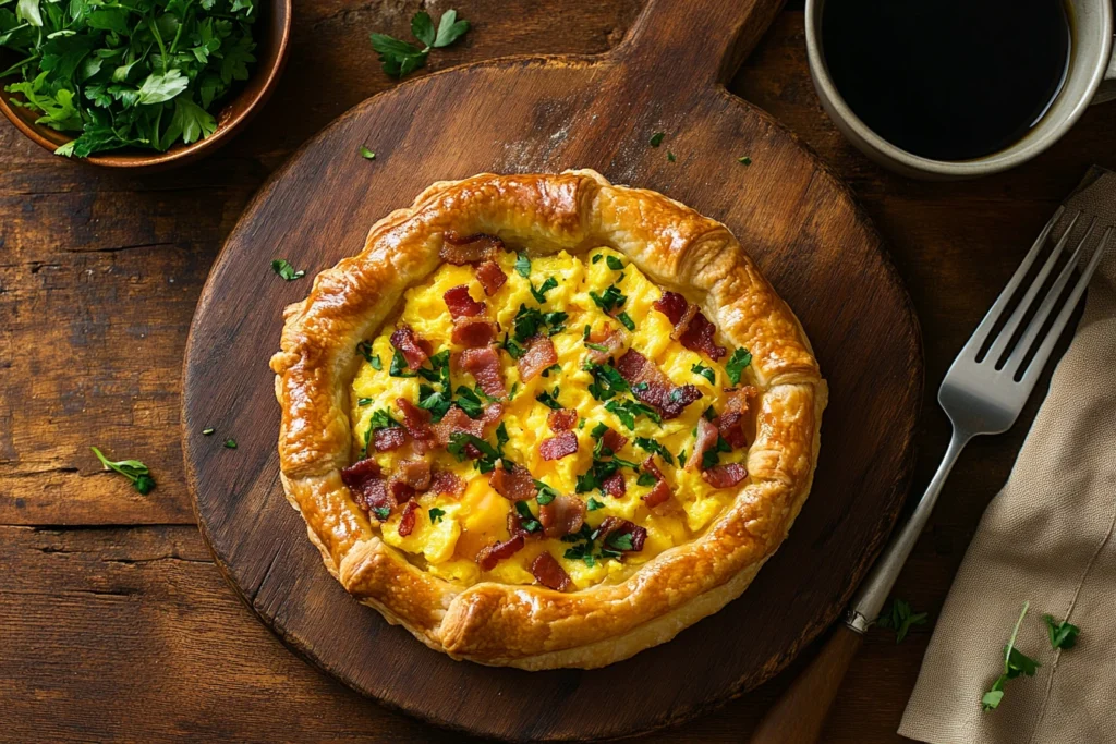 A savory puff pastry tart with eggs, bacon, and cheddar cheese, styled on a rustic cutting board with a cup of coffee nearby.