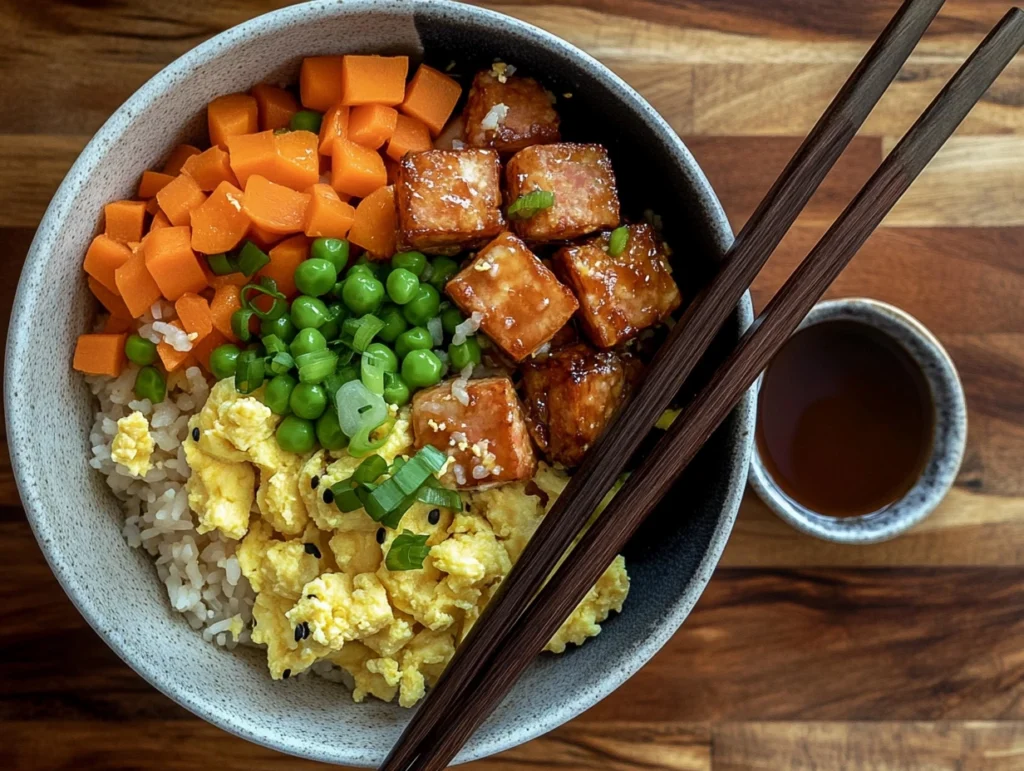 Close-up of a bowl of Spam fried rice with vegetables, garnished with green onions and served with soy sauce.