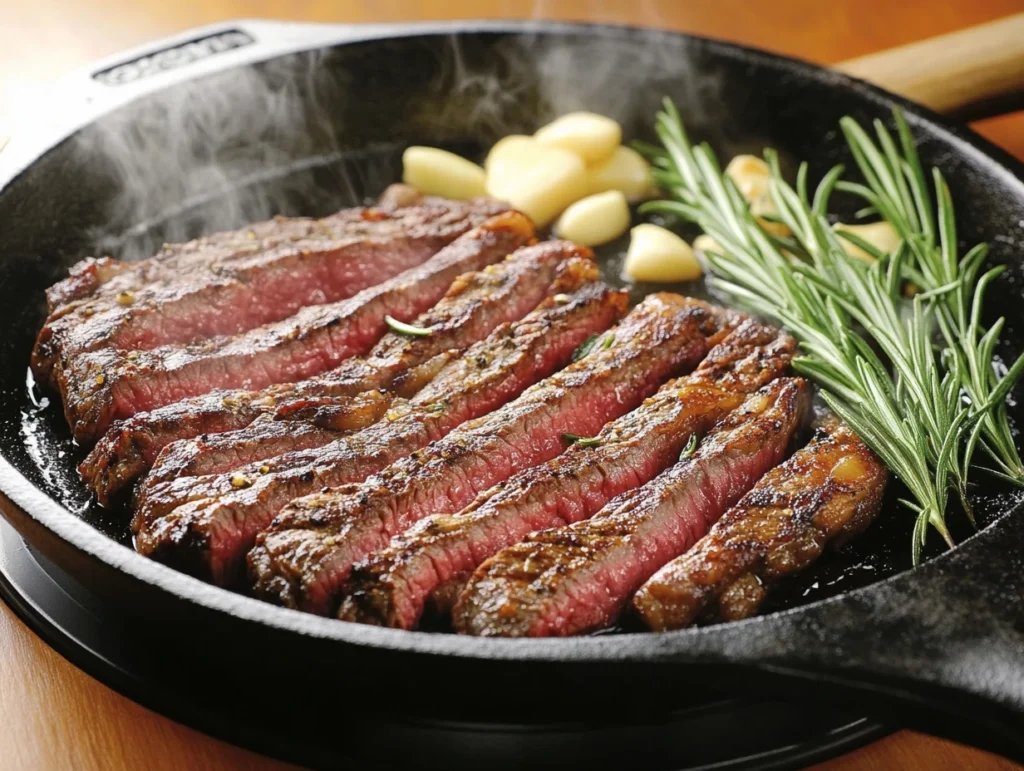  Sizzling skirt steak in a cast iron skillet with melted butter, rosemary, and garlic, creating a golden crust.