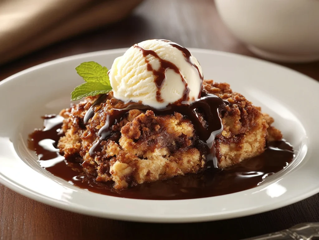 "Warm chocolate cobbler served on a white plate with melting vanilla ice cream, chocolate drizzle, and a sprig of mint, paired with a cup of coffee."