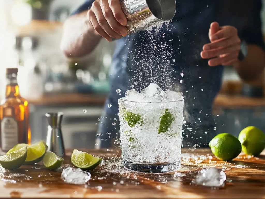 Bartender shaking a cocktail shaker with ice to prepare a Skinny Margarita cocktail.