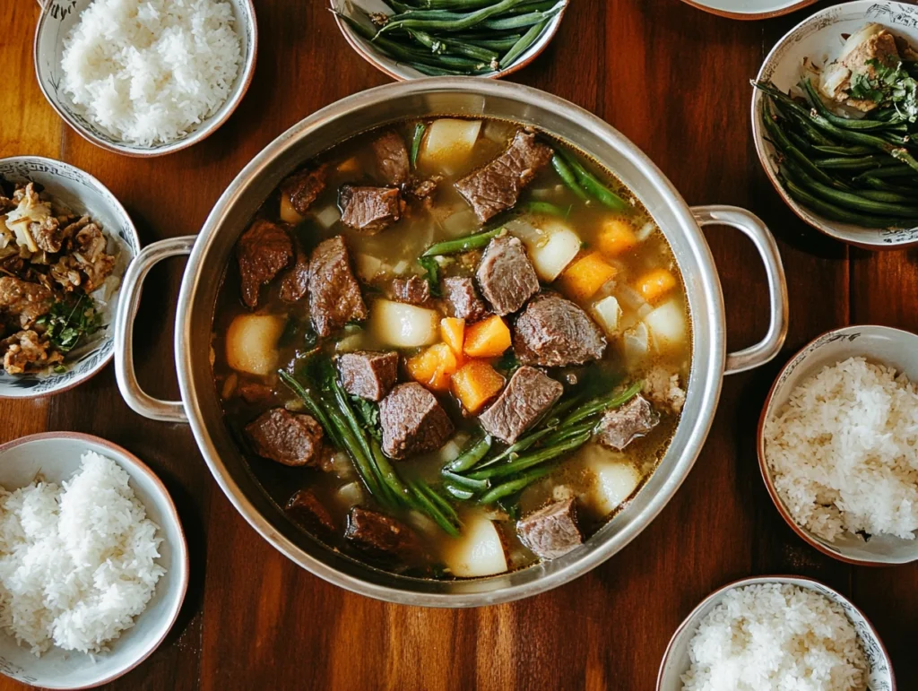 Shrimp sinigang in a clay pot with unripe guava and green beans