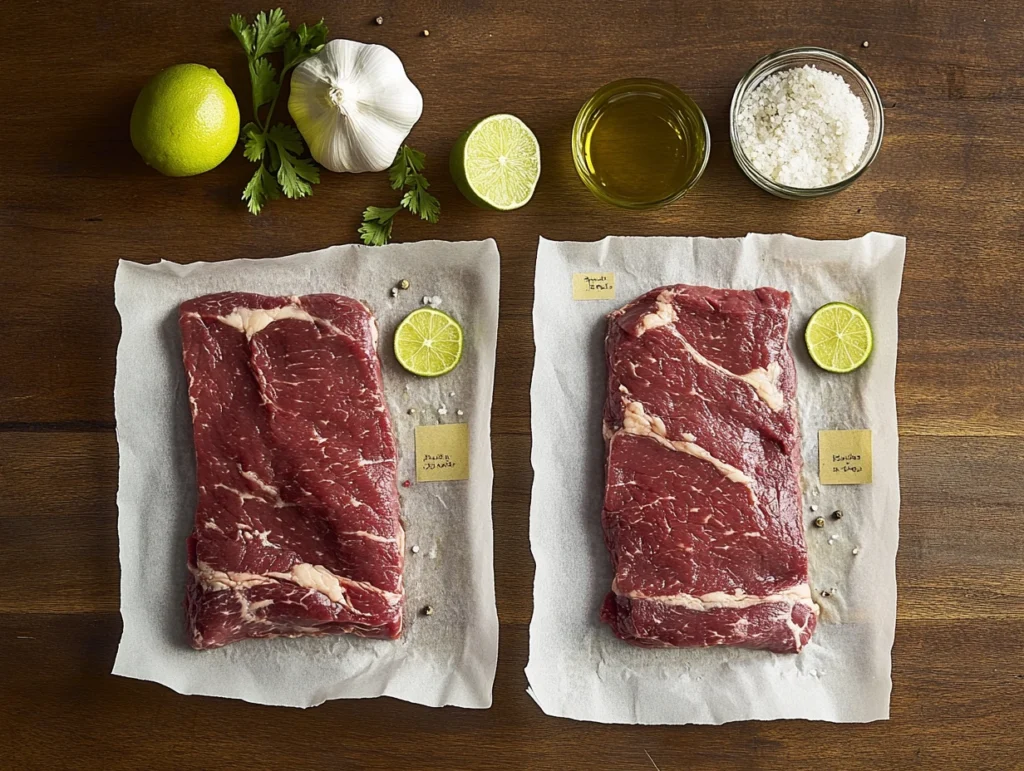 Raw skirt steak and flank steak side by side on parchment paper, labeled with tags and surrounded by marinade ingredients.