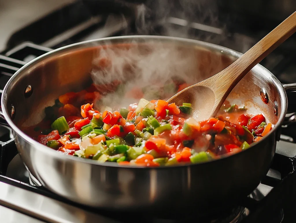 Simmering chow chow relish mixture in a stockpot with a wooden spoon stirring vibrant vegetables.