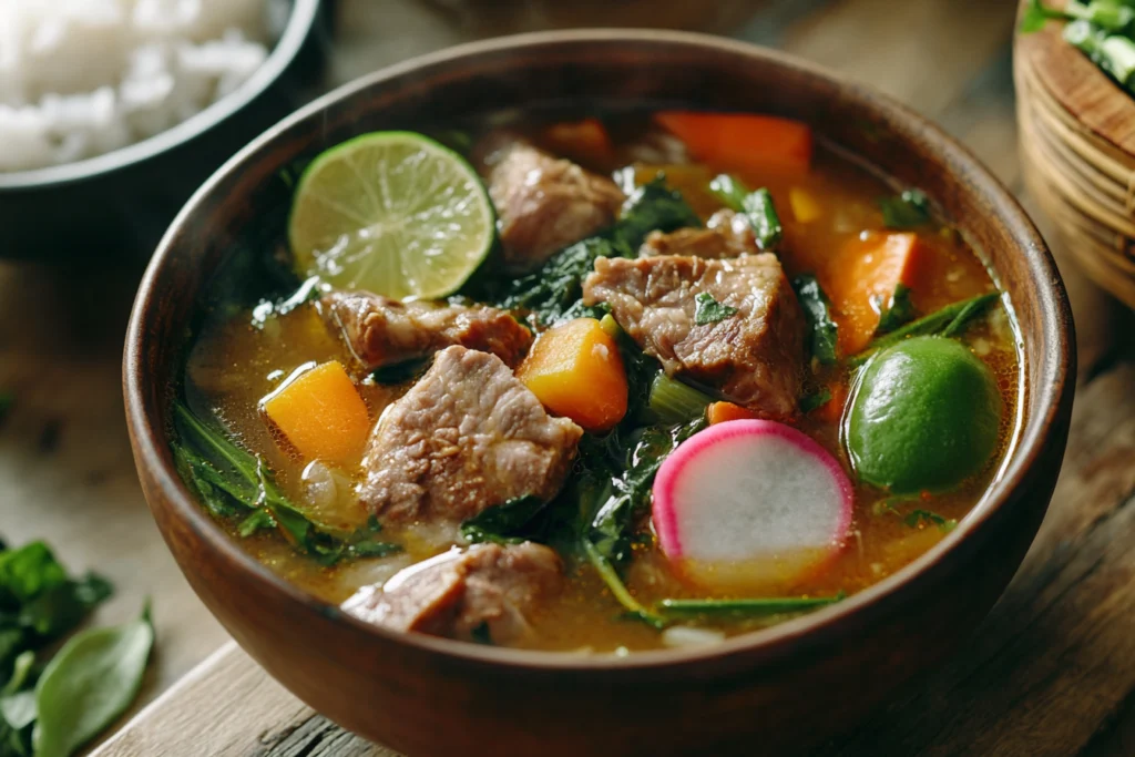 Bowl of Sinigang na Baboy with tender pork, radish, and vegetables in a savory broth, garnished with fresh herbs and lime, served with steamed rice.