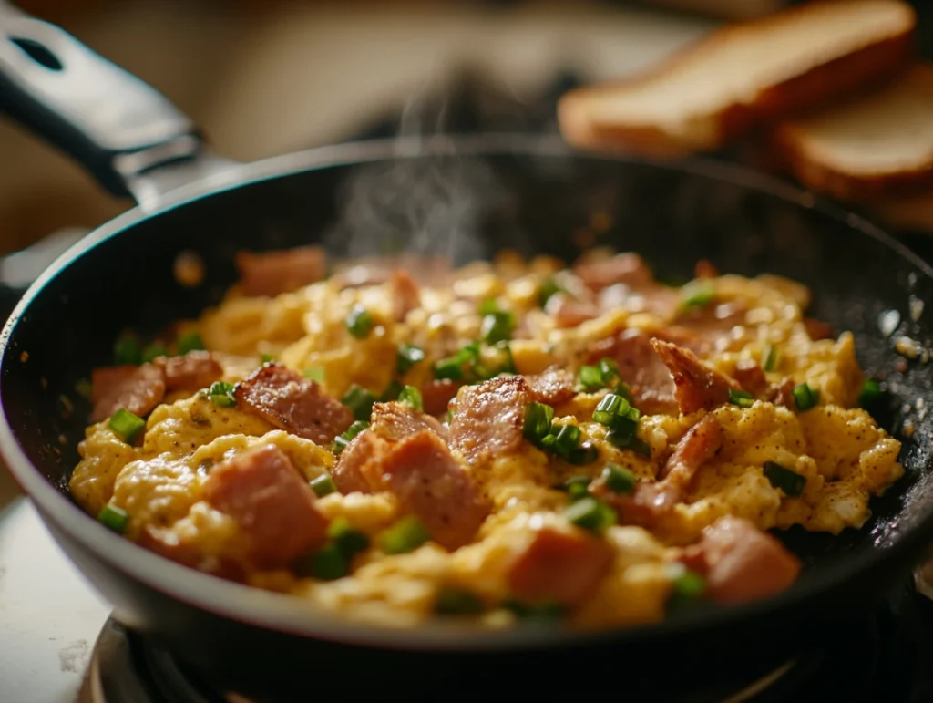 A skillet of Spam and scrambled eggs garnished with green onions and served with toast.