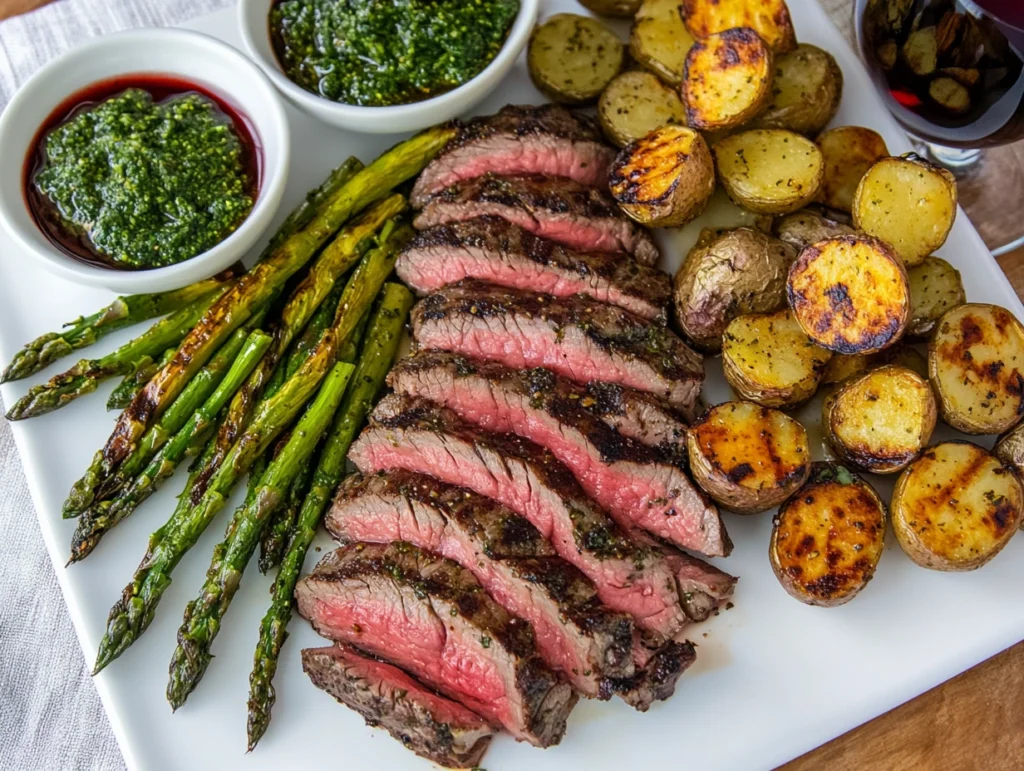 Sliced skirt steak on a white platter, served with grilled vegetables, chimichurri sauce, roasted potatoes, and a glass of red wine.