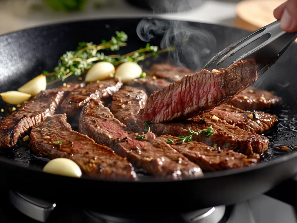 Skirt steak sizzling in a cast-iron skillet with garlic and thyme, as a hand flips the steak using tongs.