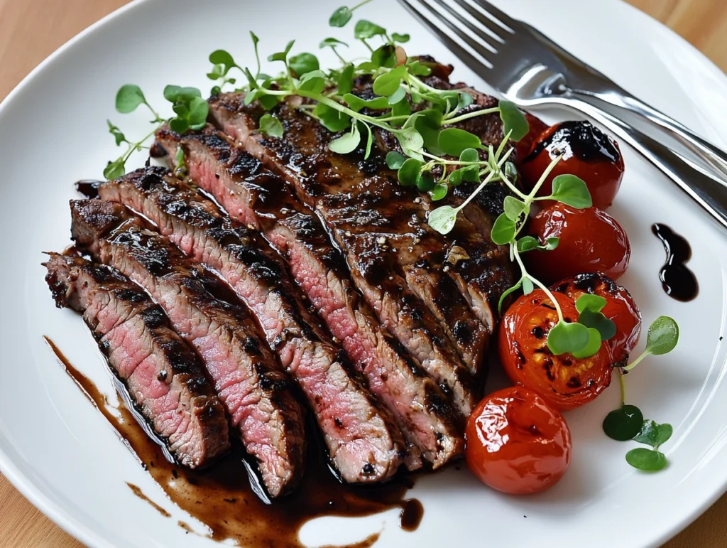 Sliced flank steak served on a white plate with balsamic glaze, microgreens, and roasted cherry tomatoes.