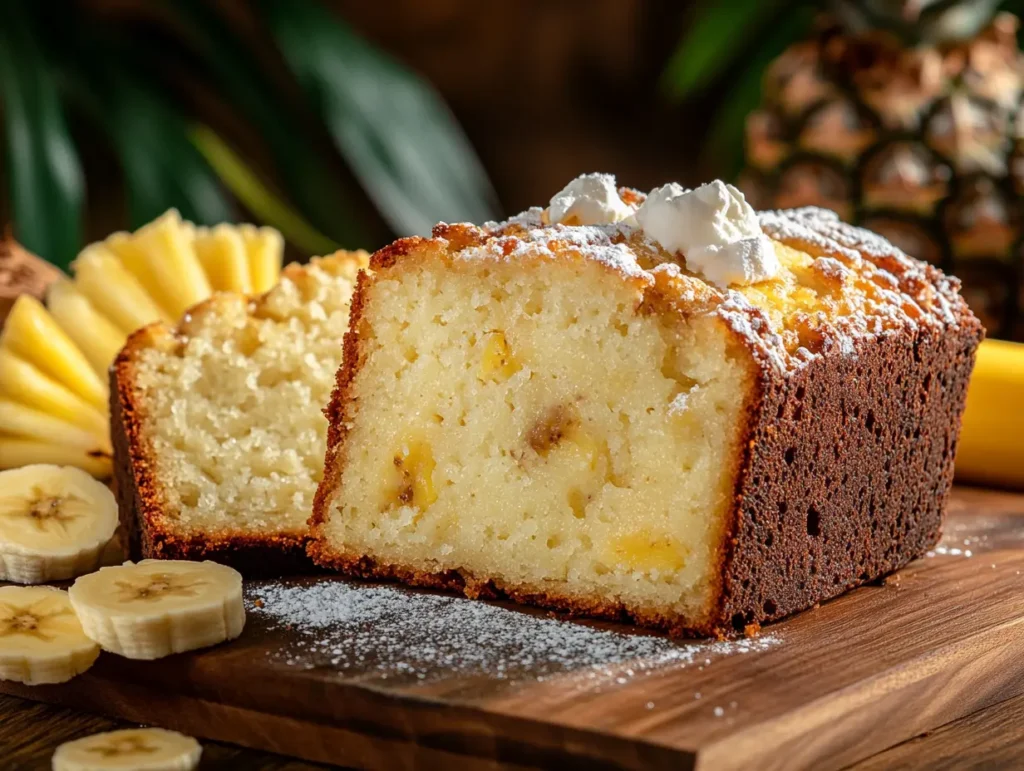 "Sliced Hawaiian banana bread with coconut and pineapple, ready to serve, showcasing its moist texture and tropical flavors."