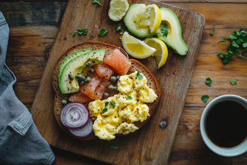 Overhead shot of a smoked salmon bagel breakfast with cream cheese, capers, red onion, scrambled eggs, and avocado on a rustic wooden board.