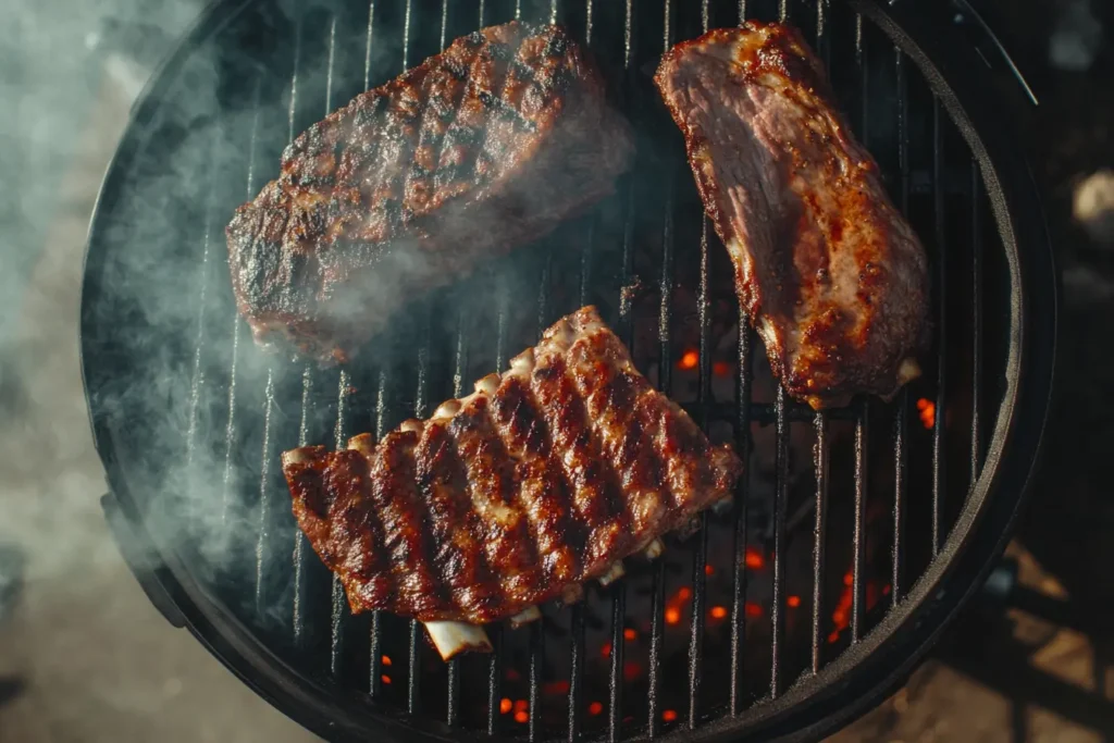 Close-up of a Traeger grill in action, showing a seared tri-tip roast and smoking ribs with visible applewood pellets and wafting smoke.