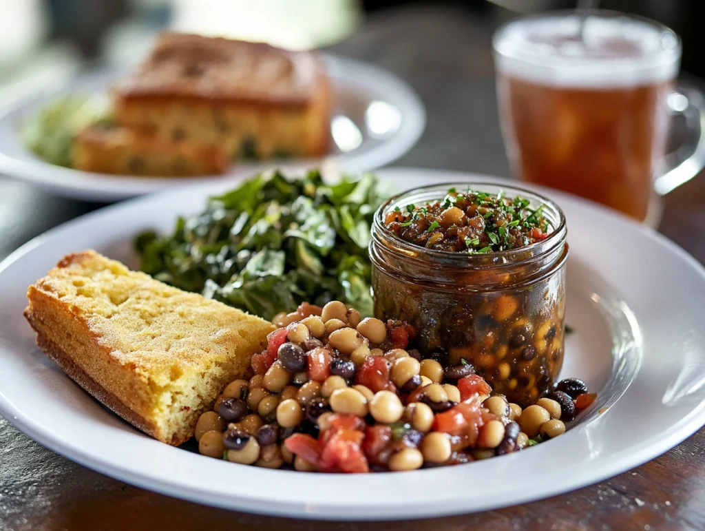 A Southern meal with chow chow relish, black-eyed peas, collard greens, and cornbread on a vintage-style plate.