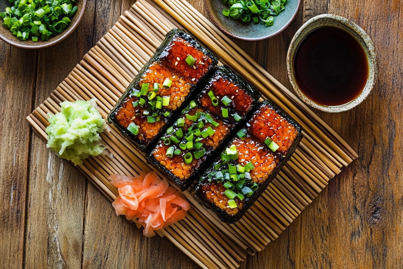 Overhead shot of Spam musubi on a bamboo mat, garnished with green onions, pickled ginger, and chopsticks.