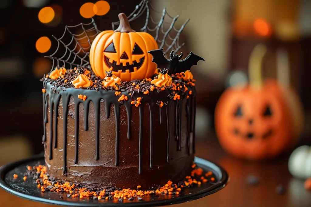 Spooky Halloween chocolate layer cake decorated with orange buttercream and fondant bats.