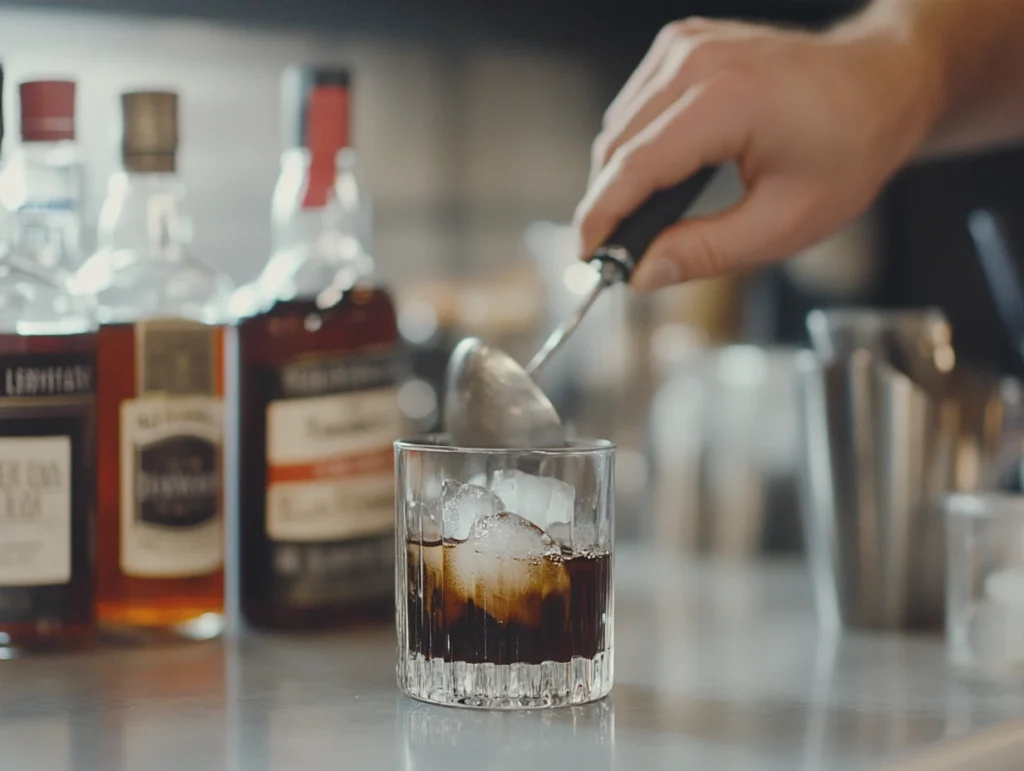 A bartender stirring a Black Manhattan cocktail in a mixing glass with ice, surrounded by rye whiskey and amaro bottles.