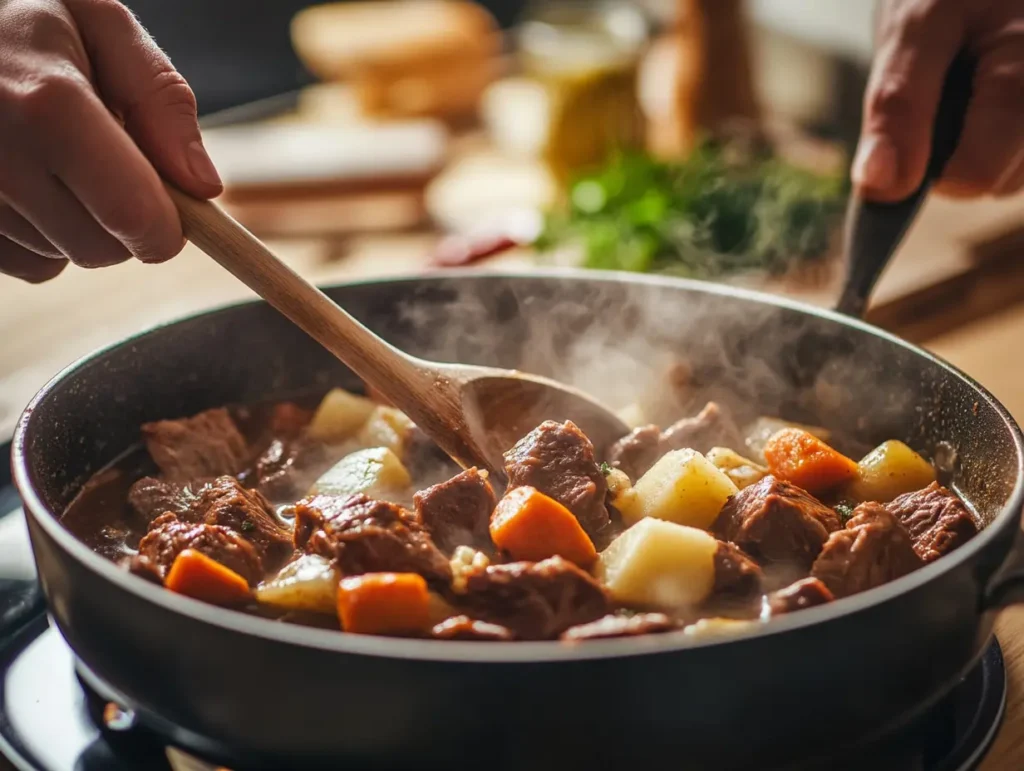  "Cooking beef heart stew: a person stirring beef heart, vegetables, and broth in a large pot on a stove."