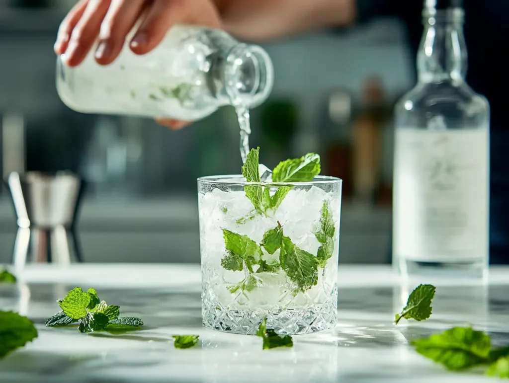 Bartender muddling fresh mint leaves in a glass for a Hugo Spritz cocktail.