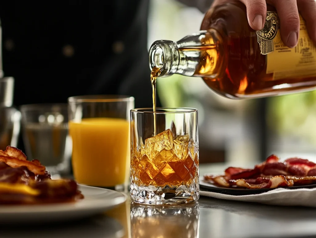 Bartender preparing a breakfast shot with schnapps, whiskey, and orange juice.