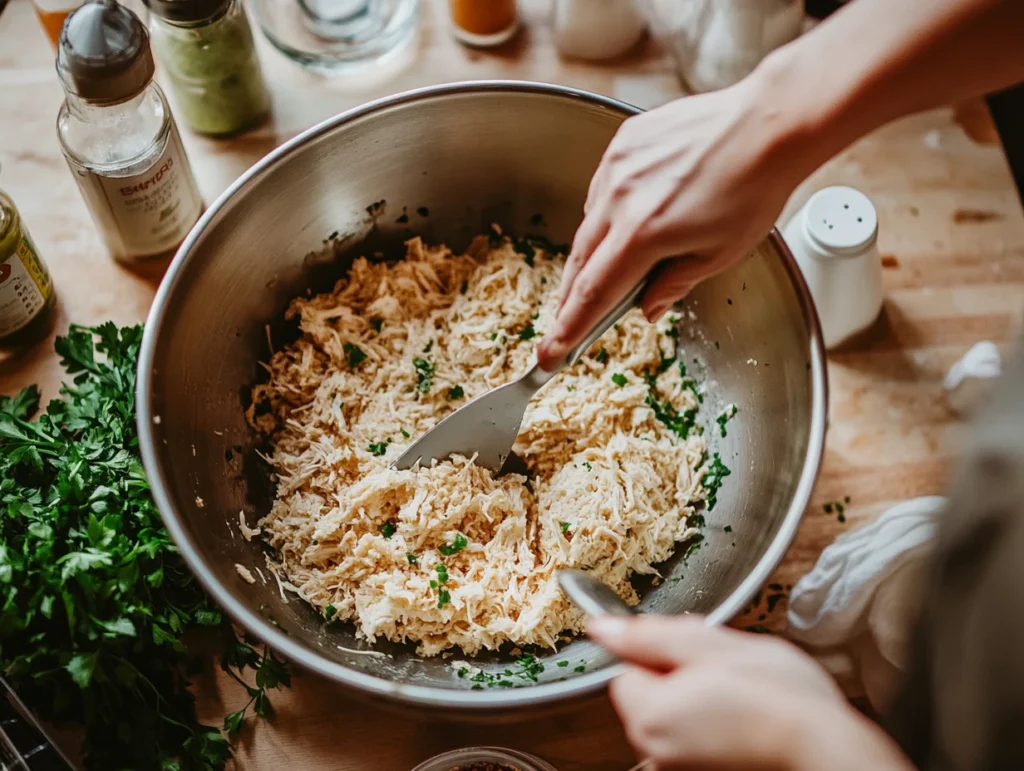 A person forming fritter patties with shredded rotisserie chicken, egg, and breadcrumbs in a mixing bowl on a kitchen counter.