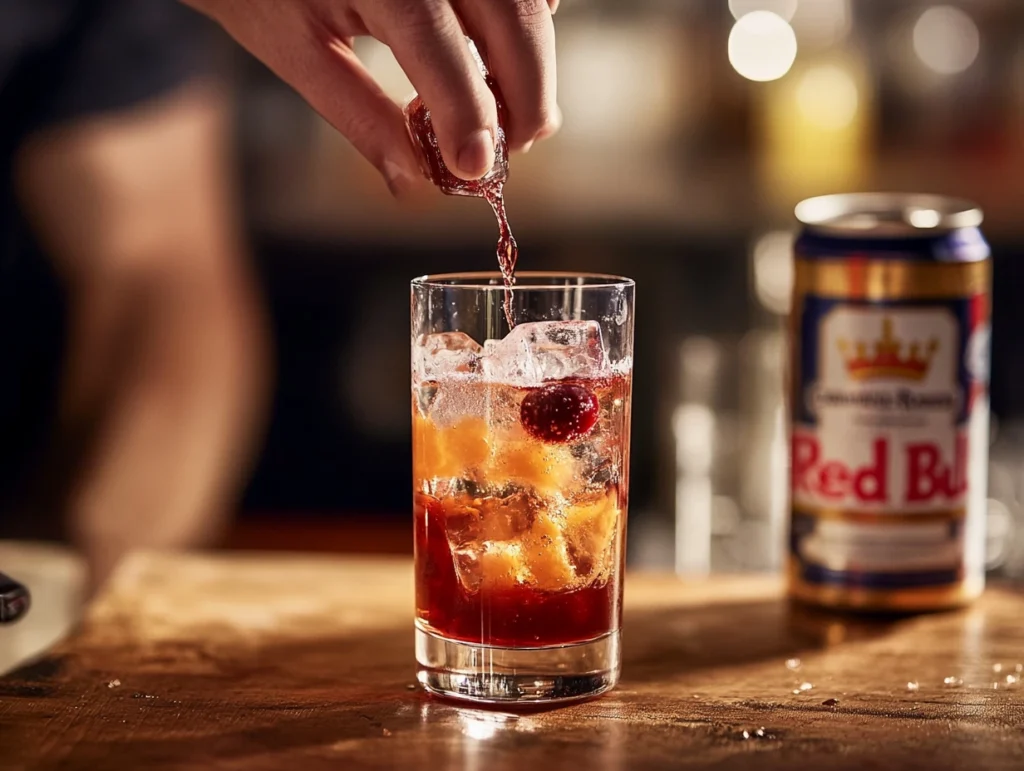 “A close-up of a hand dropping a shot glass filled with whiskey and schnapps into a highball glass of Red Bull, showing the step-by-step process of making a Vegas Bomb drink.”