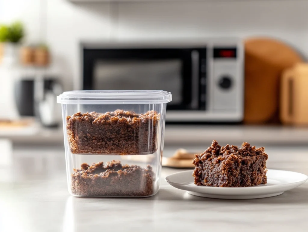 "Chocolate cobbler stored in an airtight container with a portion ready on a plate for reheating, shown on a clean kitchen countertop."