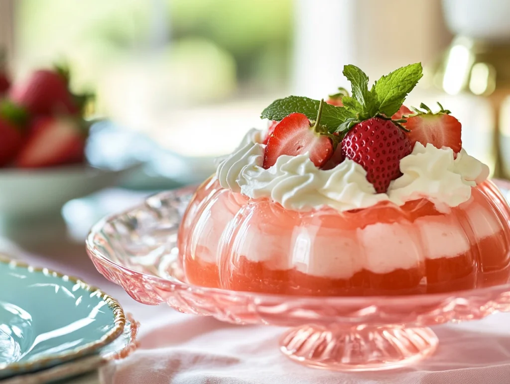 Strawberry fluff dessert made with cottage cheese, whipped cream, and fresh strawberries, served in a glass bowl.