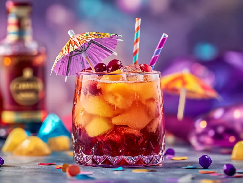 Close-up of a Vegas Bomb in a clear glass with layered ingredients, surrounded by cocktail umbrellas and festive decorations.