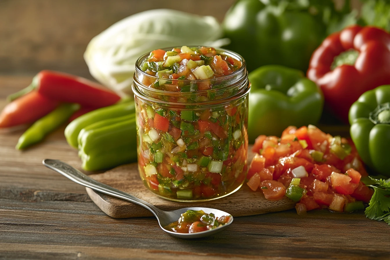 Close-up of a jar of vibrant chow chow relish surrounded by fresh vegetables on a rustic wooden table.