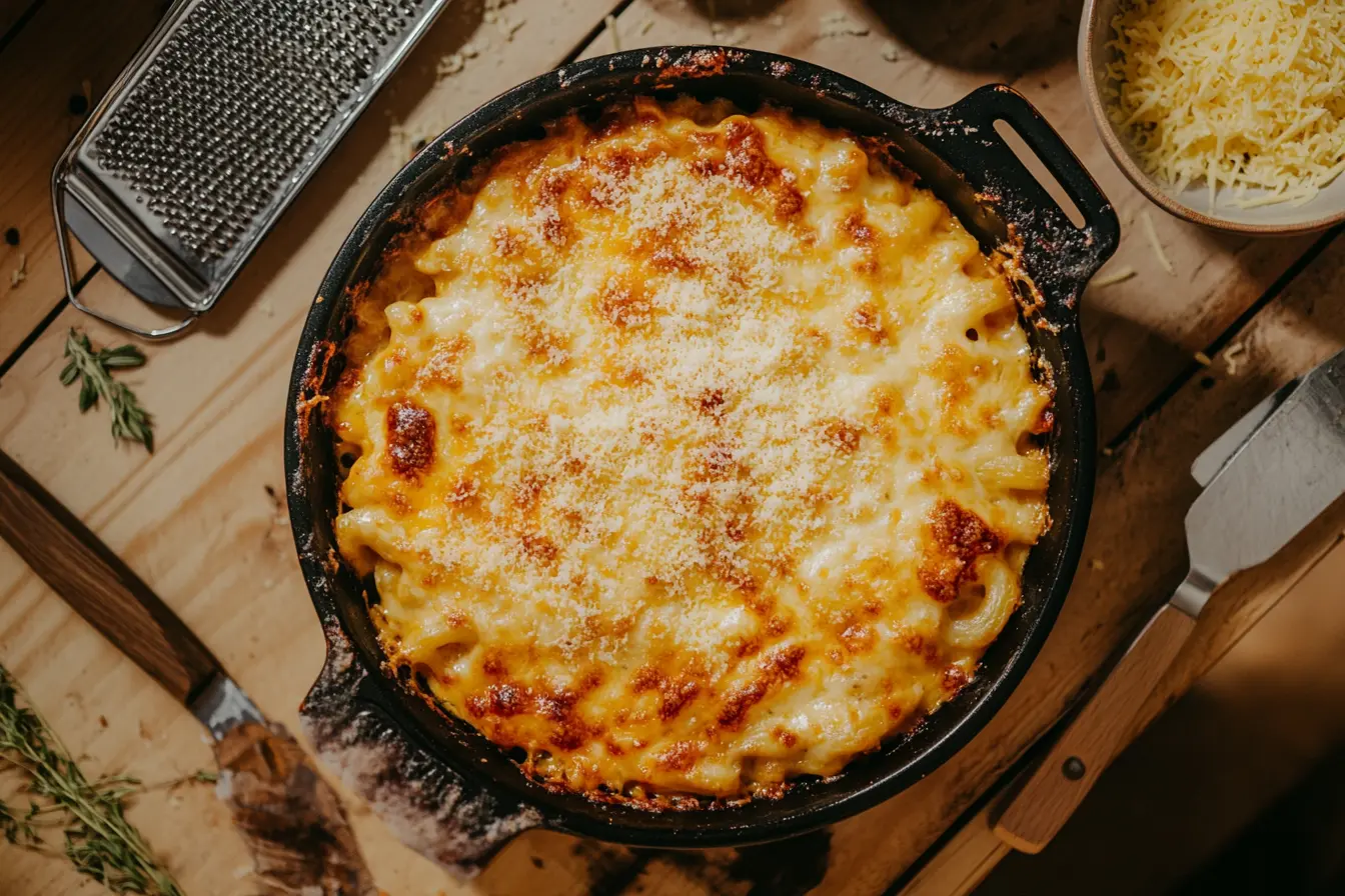 A close-up view of Tini’s viral mac and cheese in a casserole dish, featuring a golden-broiled top and creamy layers of cheesy pasta.