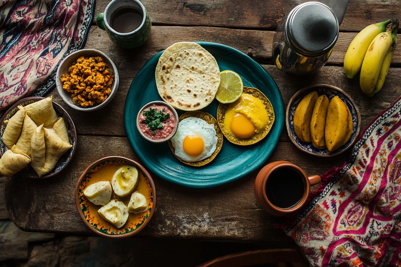 A vibrant Colombian breakfast spread with arepas, scrambled eggs, tamales, rice, and beans, served with coffee and fresh fruit on a rustic wooden table.