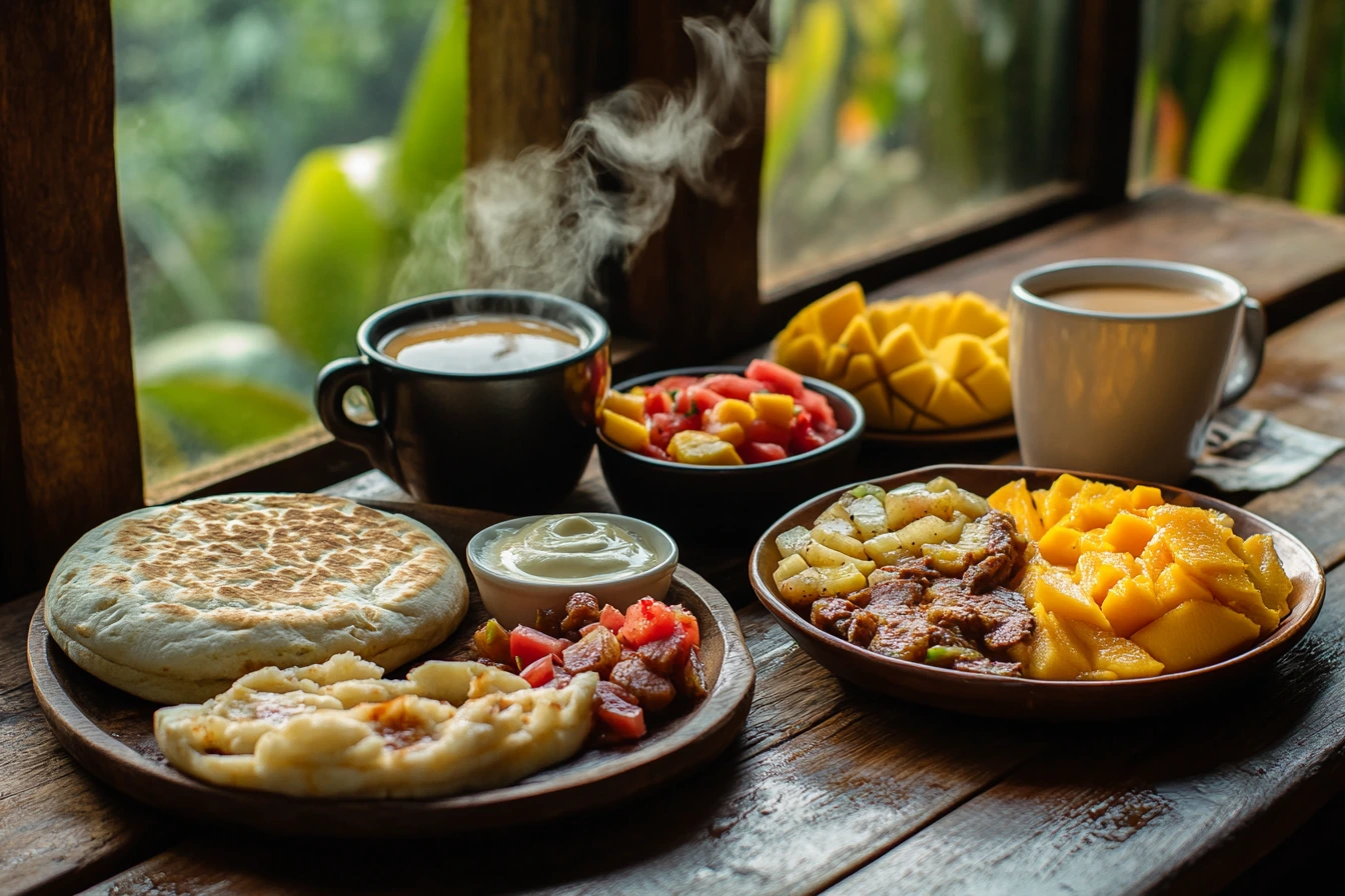 A vibrant traditional Colombian breakfast spread featuring arepas, calentado, and Colombian coffee on a rustic wooden table.