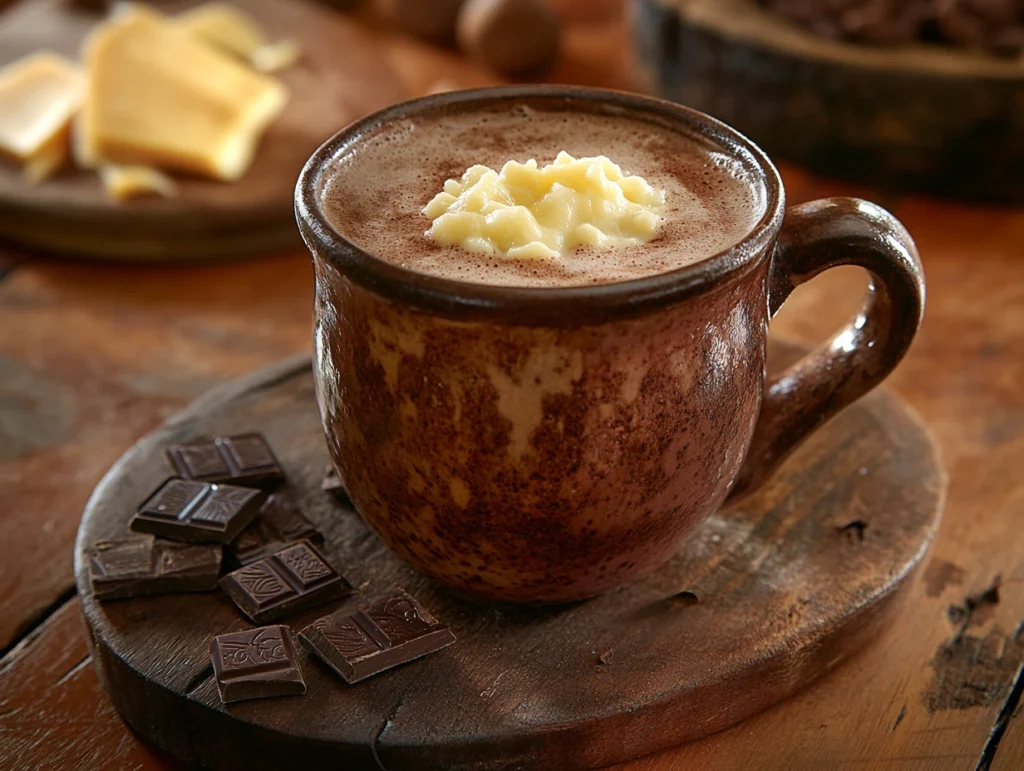 A frothy mug of Colombian-style hot chocolate with cheese on the side and traditional chocolate tablets styled around.