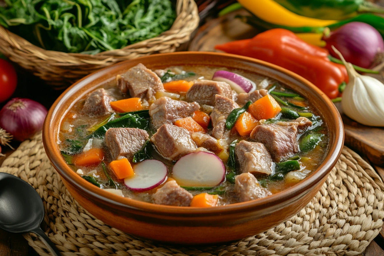 A bowl of pork sinigang with vegetables and tamarind pods