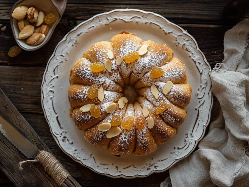 Russian Pashka dessert made with cottage cheese, garnished with golden raisins and almonds, served on a white plate.