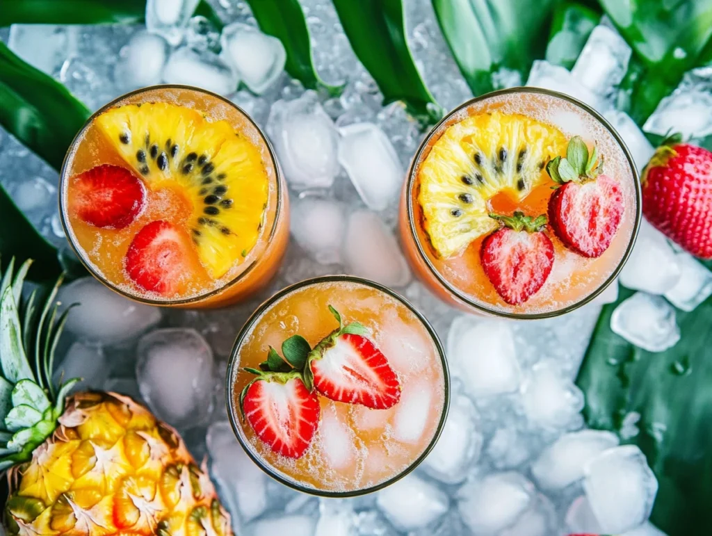 Three variations of caipirinha cocktails featuring strawberry, passion fruit, and pineapple, surrounded by fresh fruits and crushed ice